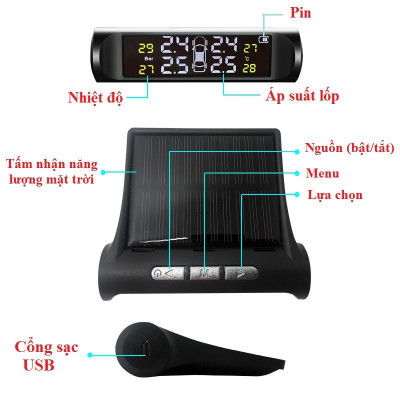 Cảm Biến Áp Suất Lốp TPMS, van ngoài,màn màu, Pin mặt trời