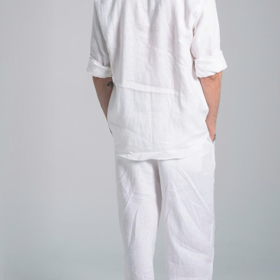 Set Bộ Sơ Mi Nam Basic Áo Dài Tay Mix Quần Suông Ống Rộng Vải Linen Sợi Tự Nhiên Mát Mẻ