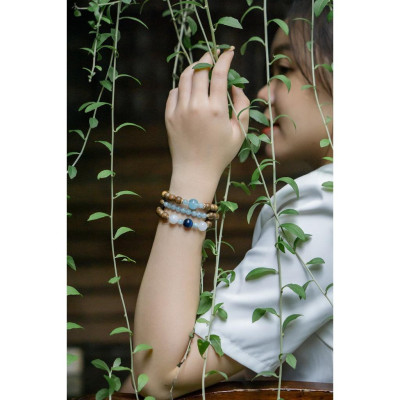 Vòng trầm hương tự nhiên quấn 3 mix đá Aquamarine, mắt hổ xanh dương cao cấp chính hãng 2VTH031- UDUMBARA