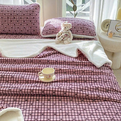 Thảm trải giường nỉ lông thỏ kèm chăn LIDACO mềm mịn ấm áp siêu tiện lợi với chun cài 4 góc