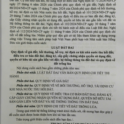 Sách Luật Đất Đai – Quy Định Về Giá Đất, Bồi Thường, Hỗ Trợ, Tái Định Cư Khi Nhà Nước Thu Hồi Đất