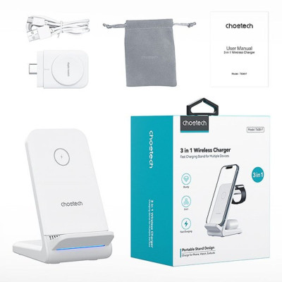 Đế sạc Choetech T608 nhanh không dây 3 in 1 công suất 15w có thể tháo rời- Hàng chính hãng