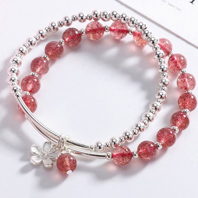 Vòng tay 2 line đá thạch anh dâu phối charm hoa bạc mệnh hỏa, thổ - Ngọc Quý Gemstones