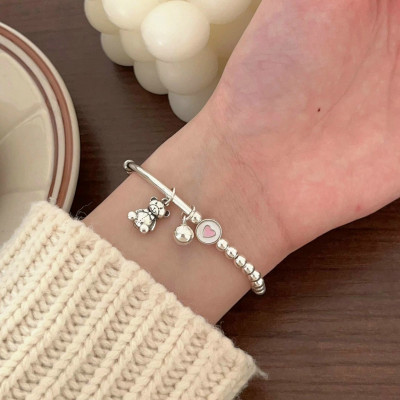 Lắc Tay Vòng Tay Nữ Bạc 925 Bi Trơn Mix Với Gấu Dễ Thương Bạc Hiểu Minh LTU574