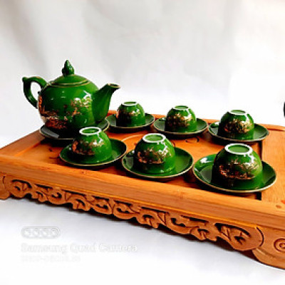 Bộ ấm chén bưởi rêu đào thọ vẽ vàng 24k gốm sứ Bát Tràng cao cấp