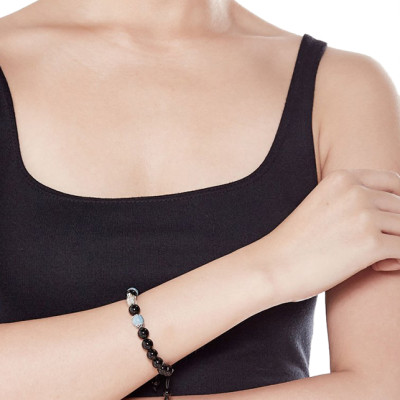 Vòng Đá Obsidian Phối Hải Lam Ngọc Và Charm Phật Bạc Ngọc Quý Gemstones VT56