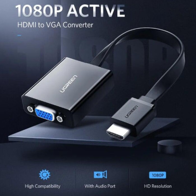 Ugreen UG40248MM103TK Màu Đen Bộ chuyển HDMI sang VGA dây dẹp kèm cổng âm thanh - HÀNG CHÍNH HÃNG