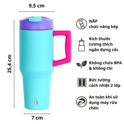 [Elemental chính hãng-Thương hiệu Mỹ] Ly giữ nhiệt Elemental Commuter 946ml tay cầm, nắp kép gấp gọn, an toàn sức khỏe
