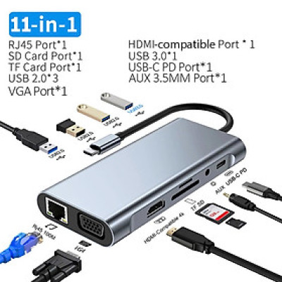 Hub Chuyển Đổi USB Type C - 11 in 1 - HDMI, USB 3.0, PD, SD, TF, RJ45, Audio 3.5mm USB 2.0 VGA - Tốc Độ Cao, Hàng Chính Hãng