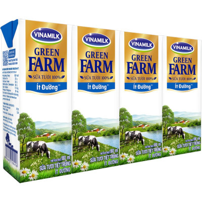 Thùng 48 Hộp Sữa Tươi Tiệt Trùng Vinamilk Green Farm Rất ít đường - Lốc 4 Hộp 180ml