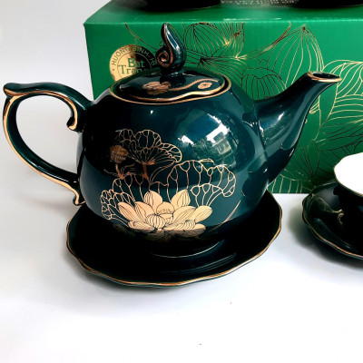 Bộ ấm chén Bát Tràng cao cấp phú quý Mallard màu xanh Arctic họa tiết hoa sen vẽ vàng 24k