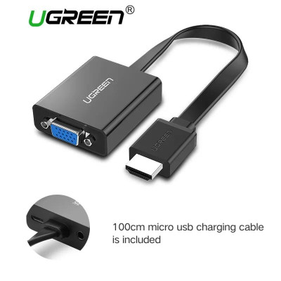 Ugreen UG40248MM103TK Màu Đen Bộ chuyển HDMI sang VGA dây dẹp kèm cổng âm thanh - HÀNG CHÍNH HÃNG