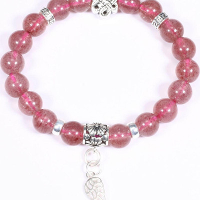 VVòng tay đá thạch anh dâu hồng mix charm cánh bạc hạt đá 8mm mệnh hỏa, thổ - Ngọc Quý Gemstones