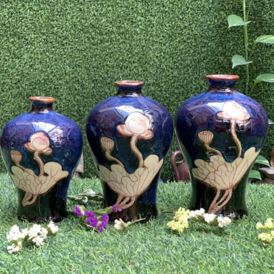 Set lọ hoa men hỏa biến xanh dáng đùi dế