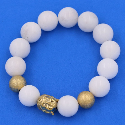 Chuỗi đeo tay San Hô Trắng 14 ly - Vòng tay Phật A Di Đà inox vàng VSHTNLVHB14 - hợp mệnh Kim, mệnh Thủy - Vòng đeo tay size lớn