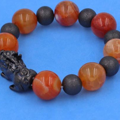 Chuỗi Tỳ Hưu inox Charm Đá Vân Rồng Cam 16 ly phối 6 bi - hợp mệnh Hỏa, mệnh Thổ - Vòng size XXL
