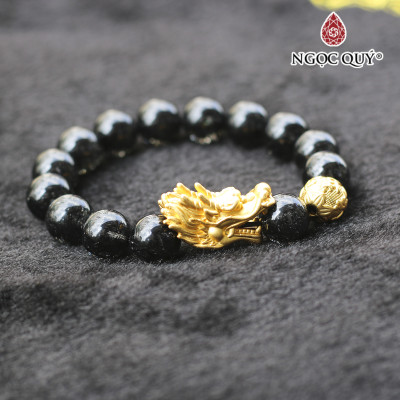 Vòng thạch anh tóc đen 12mm phối charm rồng bạc mạ vàng 24k mệnh thủy, mộc - Ngọc Quý Gemstones