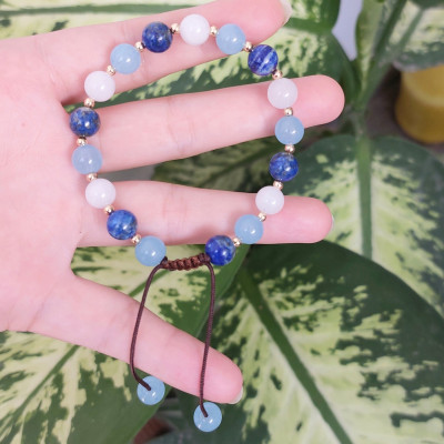 Vòng tay Nữ phong thủy đá Aquarium mix bi bạc tròn hút Tài Lộc Duyên kết dây cotton thủ công