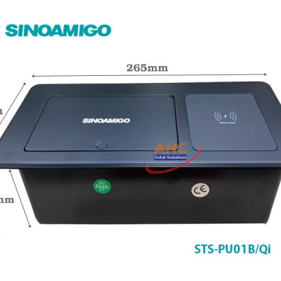 Hộp ổ cắm điện âm bàn Sinoamigo STS-PU01B-Qi. Tích hợp sạc không dây 15W, 2 ổ cắm điện, 1 cổng sạc USB-type C, cổng USB-type A. Hàng chính hãng
