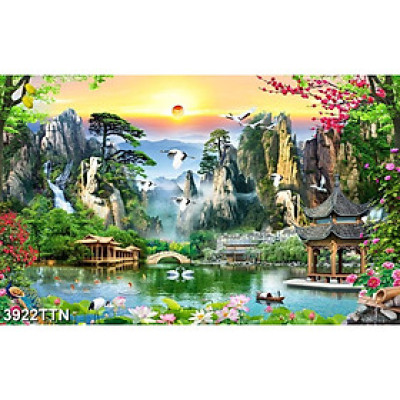 TRANH DÁN TƯỜNG 3D KÍCH THƯỚC THEO YÊU CẦU PHONG CẢNH SƠN THUỶ HỮU TÌNH