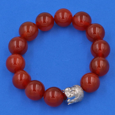 Vòng đeo tay đá Mã Não đỏ 14 ly cẩn hạt Phật A Di Đà inox bạc VMNONLT14 - hợp mệnh Hỏa, mệnh Thổ