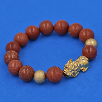 Chuỗi đeo tay Đá Kim Sa 12 ly - cẩn Tỳ Hưu Phong Thủy inox vàng VKSTHHBV12 - hợp mệnh Thổ, mệnh Mộc