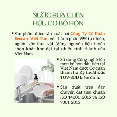 Nước rửa chén hữu cơ Bồ hòn Ecocare tinh dầu Quế 2000ml 