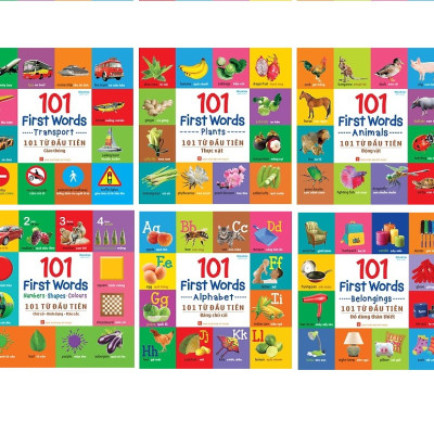 Combo Tron Bộ 6 cuốn 101 First Words - 101 Từ Đầu Tiên - Giao Thông+Động Vật+Hình Khối+Rau Củ Quả+Đồ Dùng+Chũ Cái Tặng Kèm Truyên Cổ Tích 