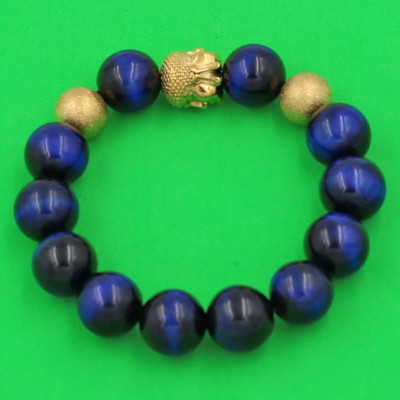 Chuỗi hạt đeo tay Đá Mắt Hổ Xanh Dương 14 ly - Vòng tay Phật A Di Đà inox vàng VMHXENLVHB14 - hợp mệnh Mộc, mệnh Thủy - Vòng đeo tay size lớn