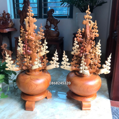 2 bình hoa mai phú quý phong thủy trang trí phòng khách đẹp long lanh bằng gỗ hương kt 80×41×30cm