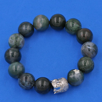 Vòng đeo tay đá Cẩm Thạch Xanh Đậm 14 ly cẩn hạt Phật A Di Đà inox bạc VCTXDNLT14