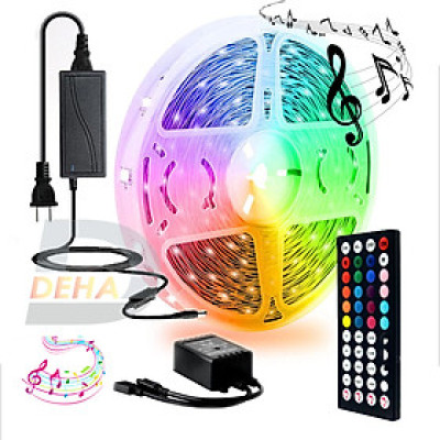 Bộ đèn Led dây dán RGB đổi màu Đồng Bộ Nhạc, điều khiển 44 phím chọn màu trang trí dán tường, bàn, máy tính dây bóng 5050 nháy theo nhạc music syn dùng được ngoài trời chống nước bền, đẹp (Tùy chọn loại dây và chiều dài dây)
