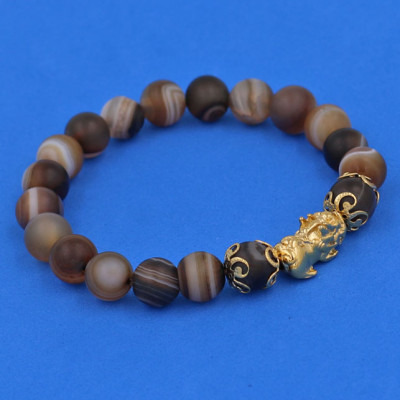 Vòng chuỗi đeo tay Mã Não Nâu Sọc Mờ 8 ly - cẩn Tỳ Hưu Phong Thủy inox vàng VMNNSMTHHKV8 - hợp mệnh Kim, mệnh Thổ