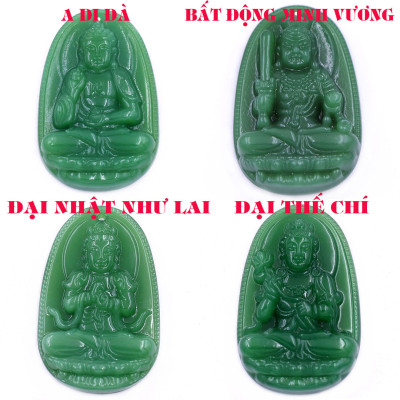 Mặt dây chuyền Phật Bất động minh vương đá xanh 2.2 x 3.6cm ( size trung ) kèm vòng cổ dây da xanh lá + móc inox, Phật bản mệnh