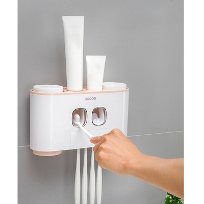 Hộp kệ đựng bàn chải kem đánh răng kèm 4 cốc 2 cửa nhả kem đánh răng thông minh dán tường vô cùng chắc chắn không cần khoan tường hay dùng ốc vít E-1802