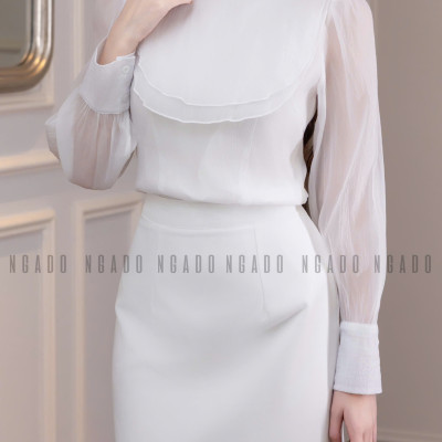 Set áo váy voan trắng bút chì NGADO , set áo kèm váy , set áo váy Nữ