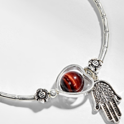 Vòng Tay Bạc 1 Hạt Đá Mắt Hổ Nâu Đỏ Phối Charm Bàn Tay Hamsa Bạc Ngọc Quý Gemstones