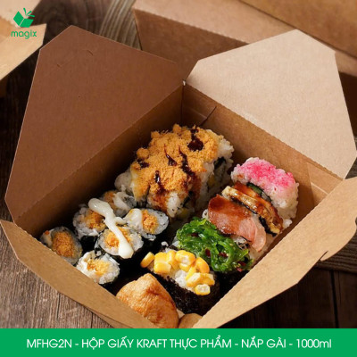 MFHG2N - 100 hộp giấy kraft thực phẩm 1000ml, hộp giấy nắp gập màu nâu đựng thức ăn, hộp giấy nắp gài gói đồ ăn mang đi 