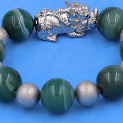 Chuỗi tay Tỳ Hưu inox charm Thạch Anh Xanh Lá Sọc 16 ly phối 6 bi - hợp mệnh Hỏa, mệnh Mộc - Chuỗi size XXL