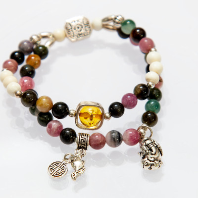 Vòng tay đôi phong thủy đá Tourmaline đa sắc thiên nhiên mix hổ phách AAAAA #VT041