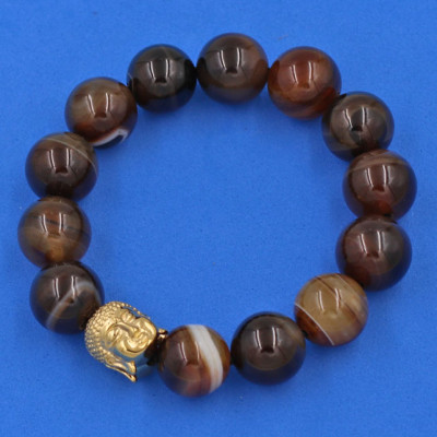 Vòng đeo tay Mã Não Nâu Sọc 14 ly cẩn hạt Phật A Di Đà inox vàng VMNNSNLV14 - hợp mệnh Kim, mệnh Thổ