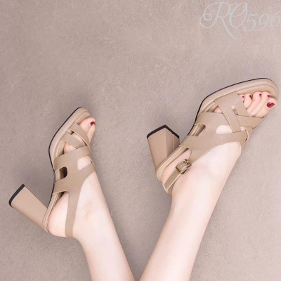 Giày cao gót nữ đẹp đế vuông 6 phân hàng hiệu rosata màu nâu hở mũi ro596
