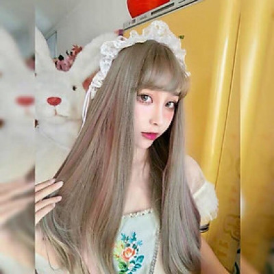 Tóc giả nguyên đầu thẳng xám light hồng cao cấp- tặng lưới chùm tóc