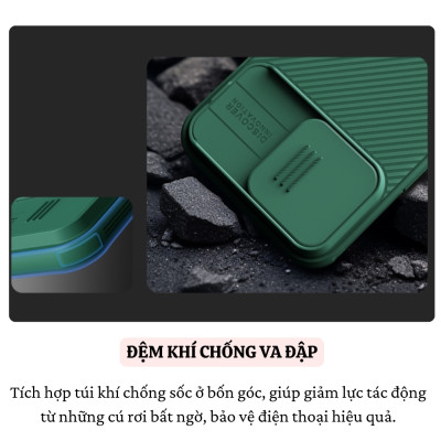 Ốp lưng chống sốc nắp trượt bảo vệ camera cho iPhone 16 / 16 Plus / 16 Pro / 16 Pro Max hiệu Nillkin Camshield - Viền TPU, đệm khí chống sốc, Lưng nhám PC - Hàng nhập khẩu