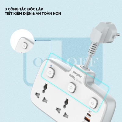 [ Hàng Chính Hãng ] Ổ điện đa năng Energizer EPB2503EU 2 cổng kèm 3USB-A và 1USB-C sạc nhanh PD, chịu tải 2500W