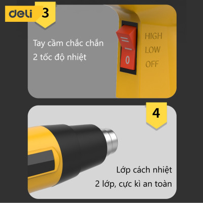 Máy Khò Nhiệt Khò Hơi Nóng Deli Cao Cấp Công Suất Cao 2000W - Co Màng Cơ Đóng Gói Hàng Hóa - Khò Thực phẩm - Sơn Tường