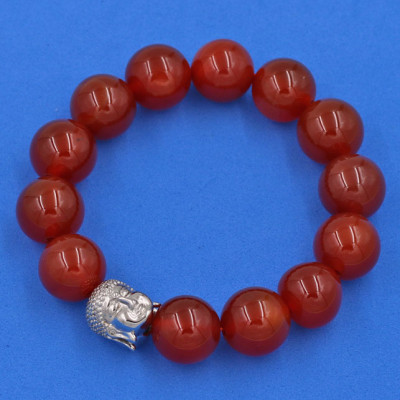 Vòng đeo tay đá Mã Não đỏ 14 ly cẩn hạt Phật A Di Đà inox bạc VMNONLT14 - hợp mệnh Hỏa, mệnh Thổ