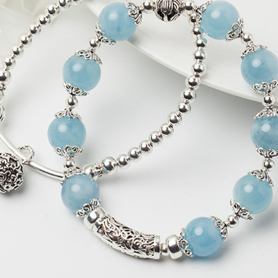 Vòng 2 line đá Aquamarine phối charm bạc size hạt 10mm mệnh thủy, mộc - Ngọc Quý Gemstones