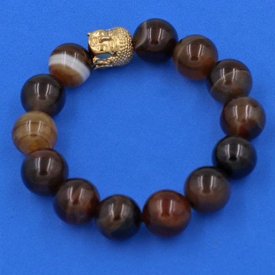 Vòng đeo tay Mã Não Nâu Sọc 14 ly cẩn hạt Phật A Di Đà inox vàng VMNNSNLV14 - hợp mệnh Kim, mệnh Thổ