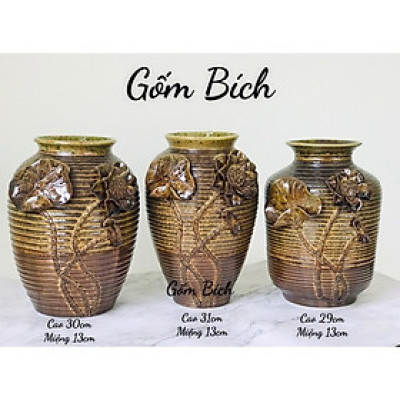 Bình Hoa Gốm Men Mộc Đắp Hoa Sen - Gốm Sứ Bát Tràng